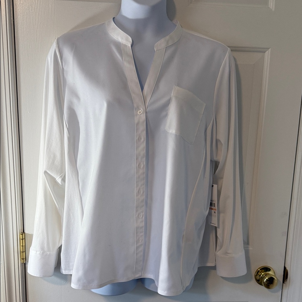 Calvin Klein Women’s White Button Down Shirt w/ Mandarin Collar